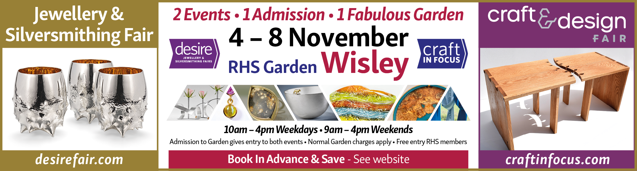 Two events for one admission - Desire Jewellery & Silversmithing Fair is being held alongside a Contemporary Craft & Design Fair 2026 at RHS Wisley, from 4-8 November 2026.